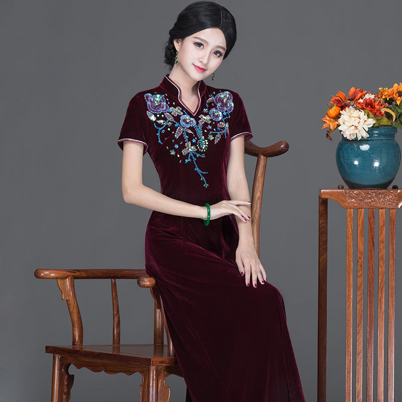 Cap Sleeve V Neck Floral Appliques Velvet Cheongsam Mother Dress