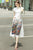 Butterfly Pattern Cap Sleeve Tea Length Spandex Ao Dai Dress