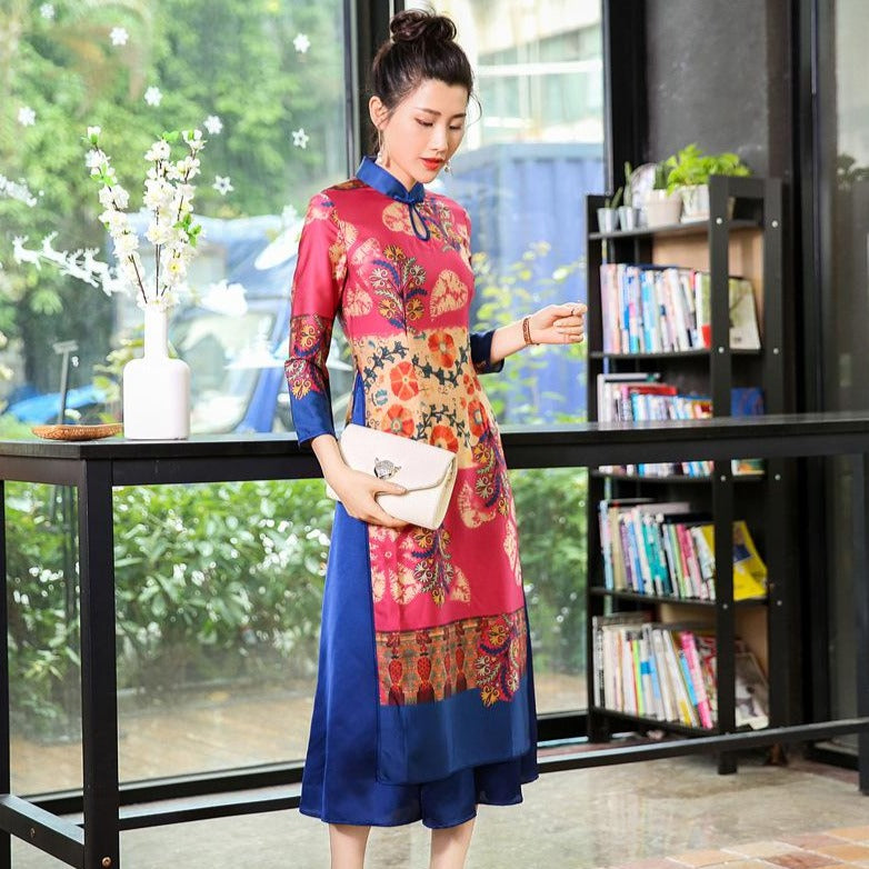Mandarin Collar 3/4 Sleeve Tea Length Brocade Ao Dai Dress – IDREAMMART