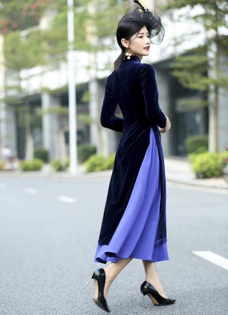 Velvet Chinese Ao dai, midi velvet Qipao, velvet midi black Ao dai