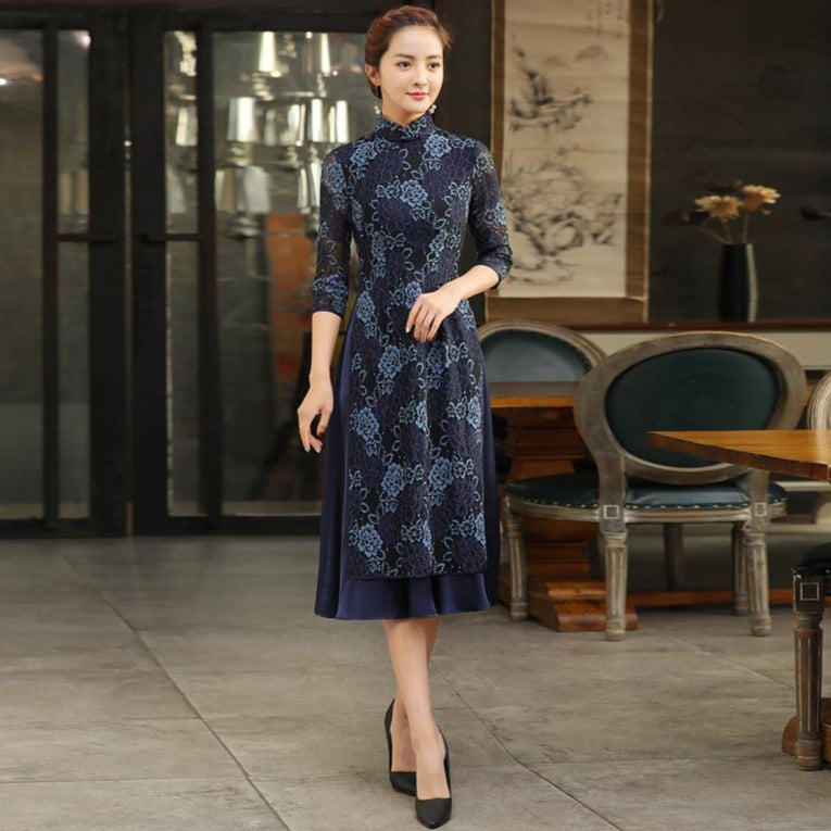 3/4 Sleeve Mandarin Collar Tea Length Floral Lace Ao Dai Dress