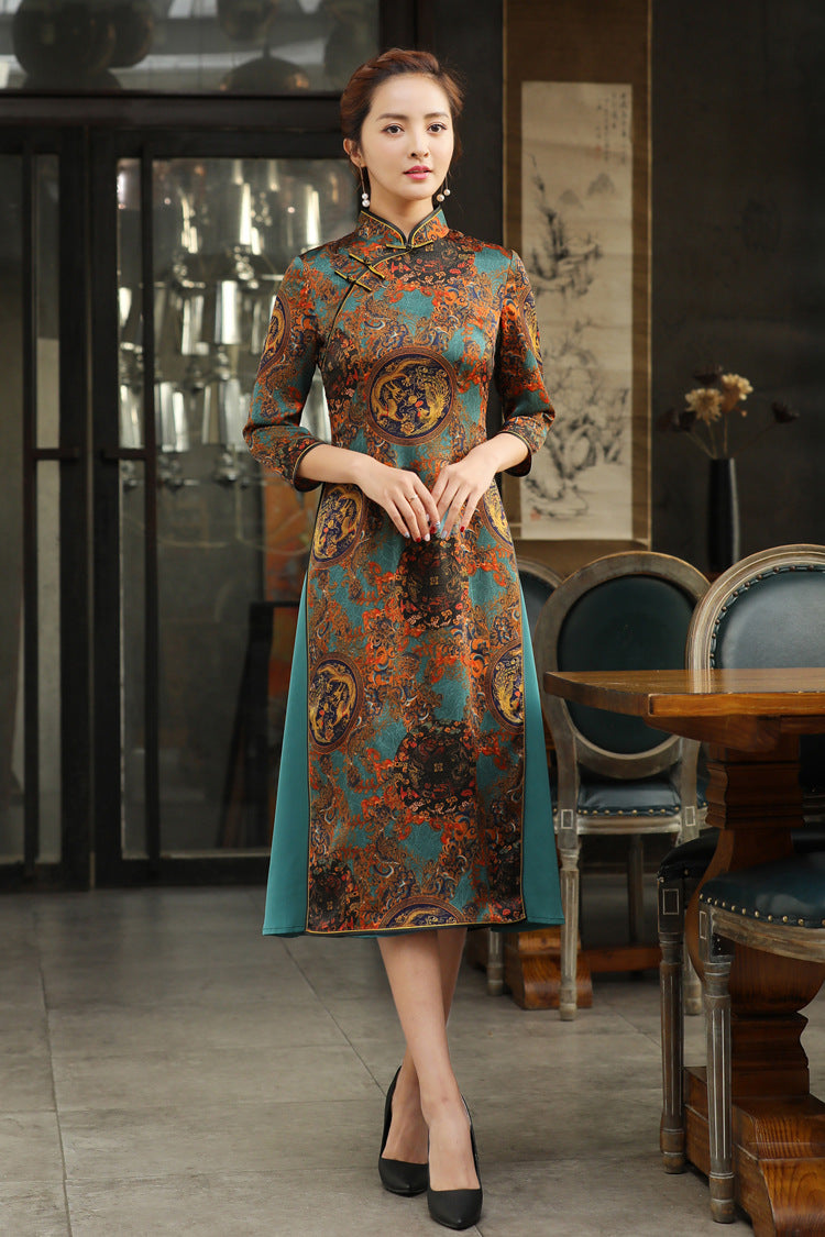 3/4 Sleeve Mandarin Collar Tea Length Floral Silk Ao Dai Dress