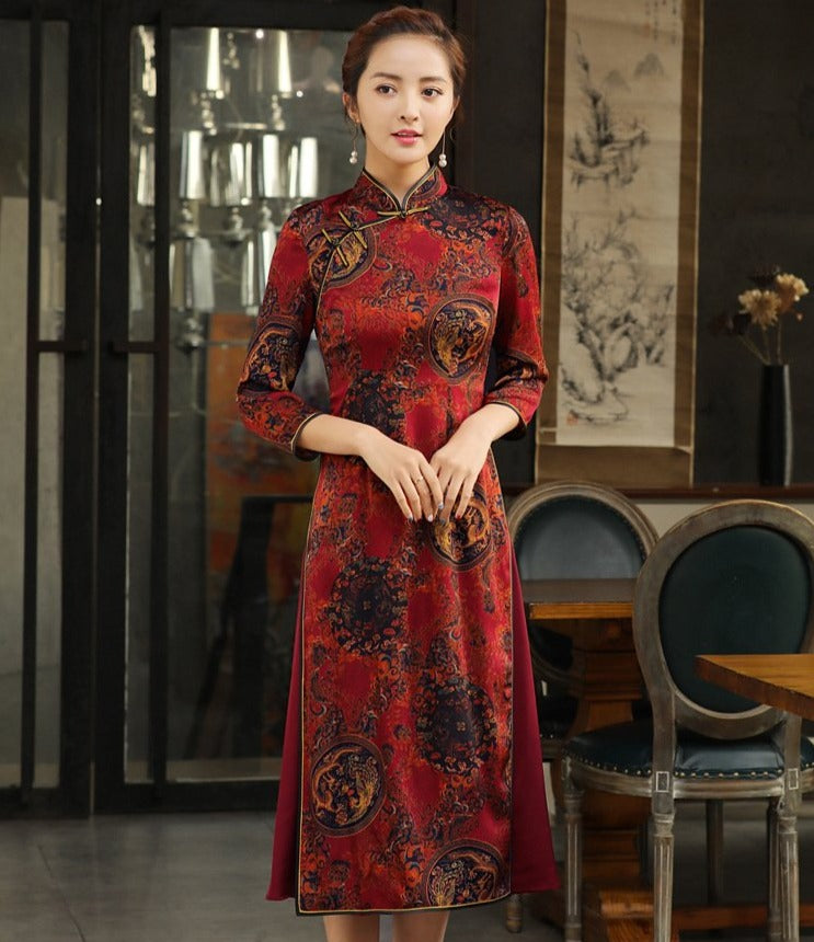 3/4-Sleeve Mandarin Collar Floral Embroidered Midi A-Line Dress