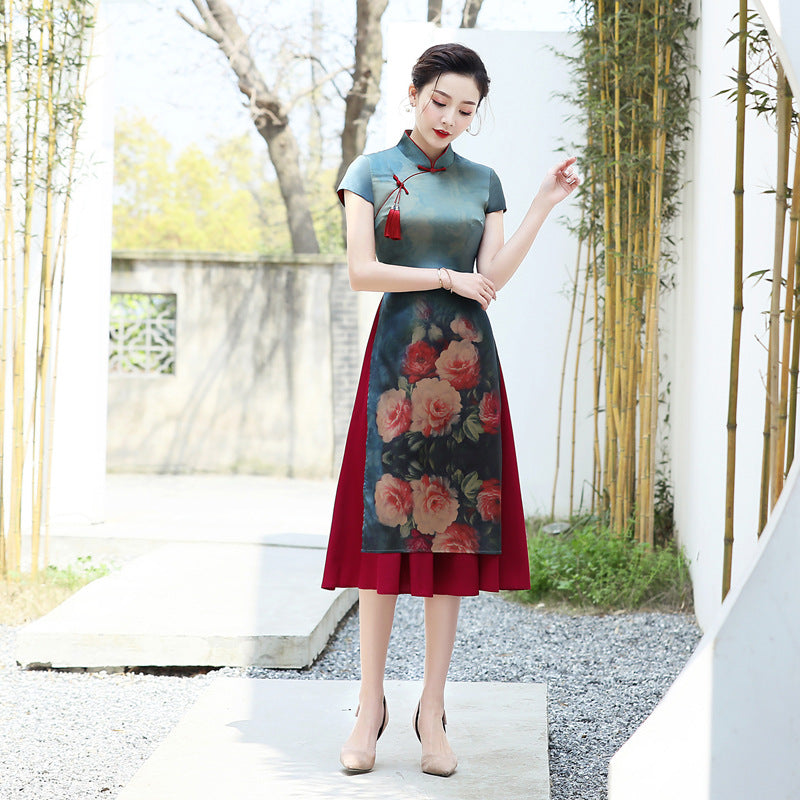 Cap Sleeve Mandarin Collar Tea Length Spandex Ao Dai Dress with Tassel