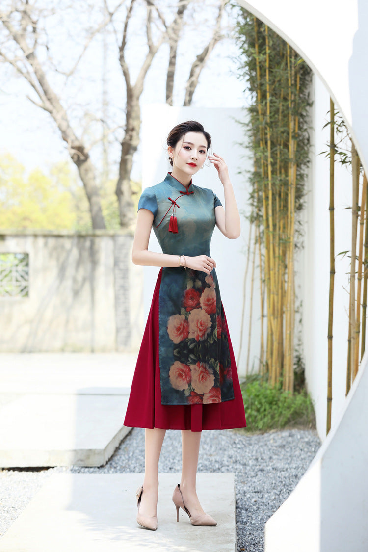 Cap Sleeve Mandarin Collar Tea Length Spandex Ao Dai Dress with Tassel