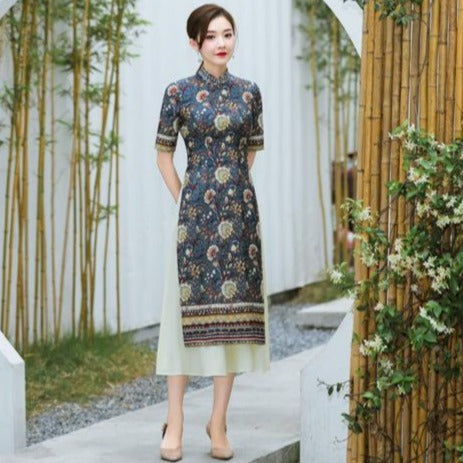 Short Sleeve Mandarin Collar Tea Length Floral Chiffon Ao Dai Dress