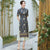 Short Sleeve Mandarin Collar Tea Length Floral Chiffon Ao Dai Dress