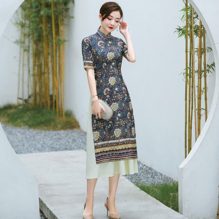 ao dai dresses short Hand-embroidered linen Vietnamese modern Ao Dai ELA-W10