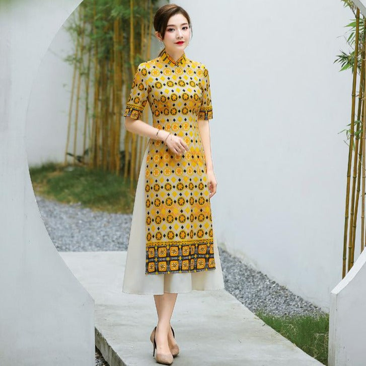 Short Sleeve Mandarin Collar Tea Length Floral Chiffon Ao Dai Dress ...