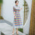 Mandarin Collar Tea Length Stripes Pattern Chiffon Ao Dai Dress