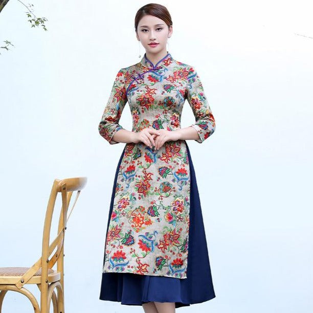 Mandarin Collar Tea Length Floral Silk Ao Dai Dress
