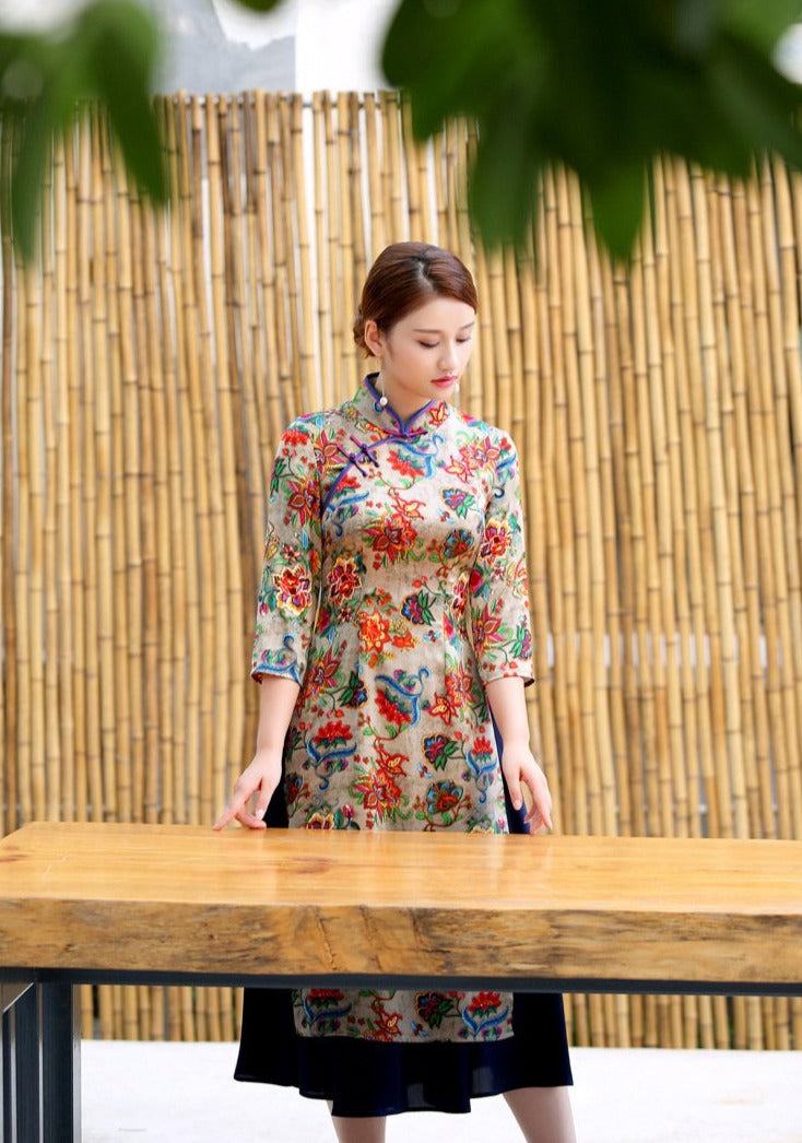 Mandarin Collar Tea Length Floral Silk Ao Dai Dress