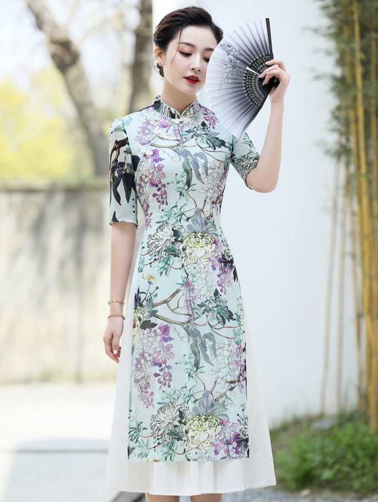 Mandarin Collar Half Sleeve Tea Length Floral Georgette Ao Dai Dress