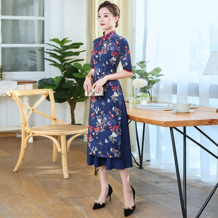 Mandarin Collar Half Sleeve Tea Length Floral Silk Ao Dai Dress
