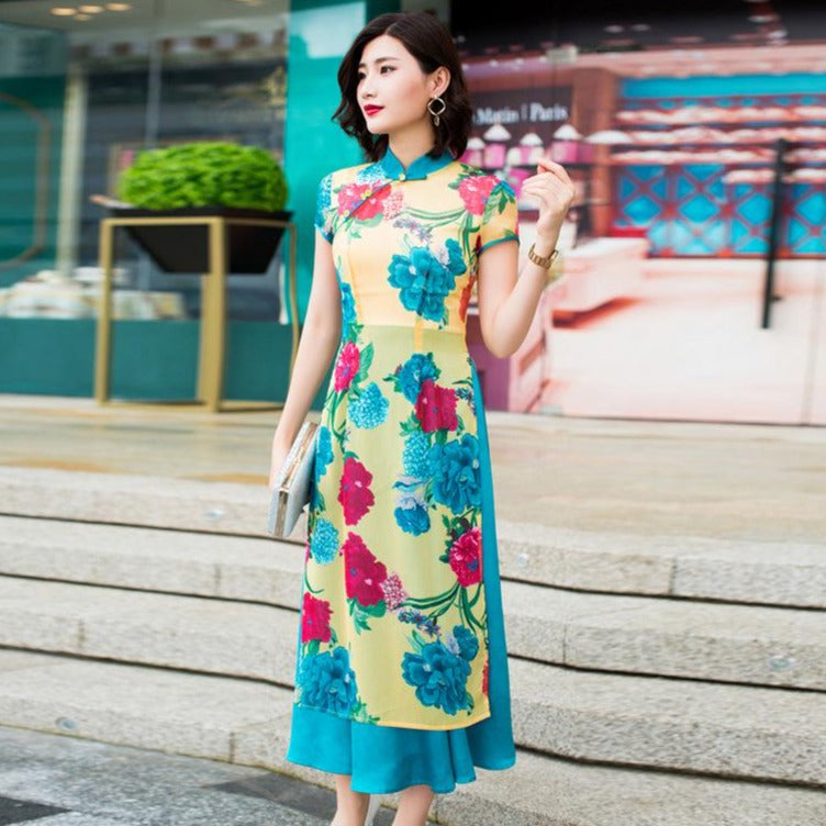 Mandarin Collar Cap Sleeve Tea Length Floral Silk Ao Dai Dress – IDREAMMART