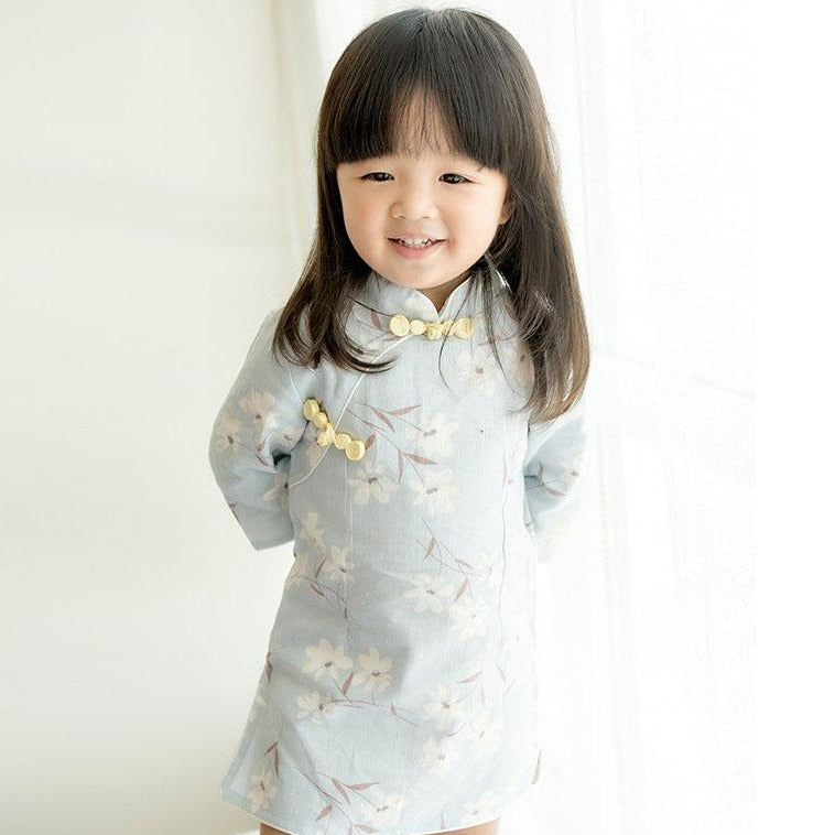 Knee Length Signature Cotton Floral Kid's Cheongsam Dress