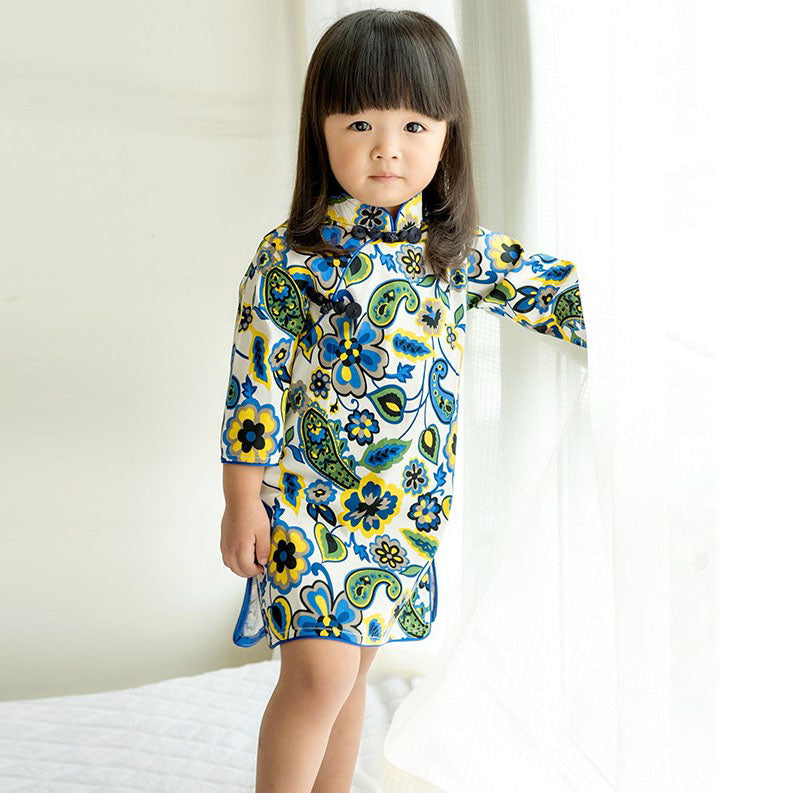 3/4  Sleeve 100% Cotton Floral Kid's Cheongsam Dress