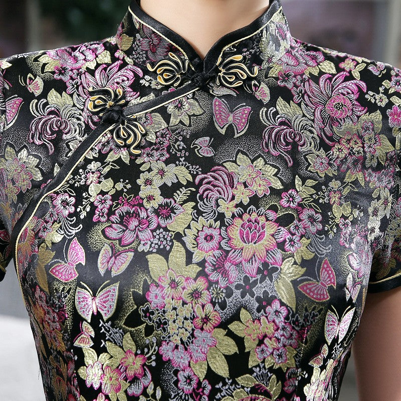 Women's Modern Cheongsam Qipao Maxi Dress - Floral Brocade, Stand Collar, Short Sleeve Evening Dress