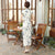 Cap Sleeve Tea Length Floral Linen Cheongsam Chinese Dress
