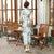 Teelanges chinesisches Cheongsam-Kleid aus Leinen mit Flügelärmeln