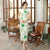 Cap Sleeve Tea Length Floral Linen Cheongsam Chinese Dress