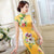 Cap Sleeve Tea Length Floral Cheongsam Chinese Dress with Strap Buttons