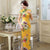 Cap Sleeve Tea Length Floral Cheongsam Chinese Dress with Strap Buttons