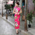 Cap Sleeve Tea Length Floral Cheongsam Chinese Dress with Strap Buttons