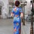 Full Length Floral Silk Blend Cheongsam Chinese Dress with Strap Buttons