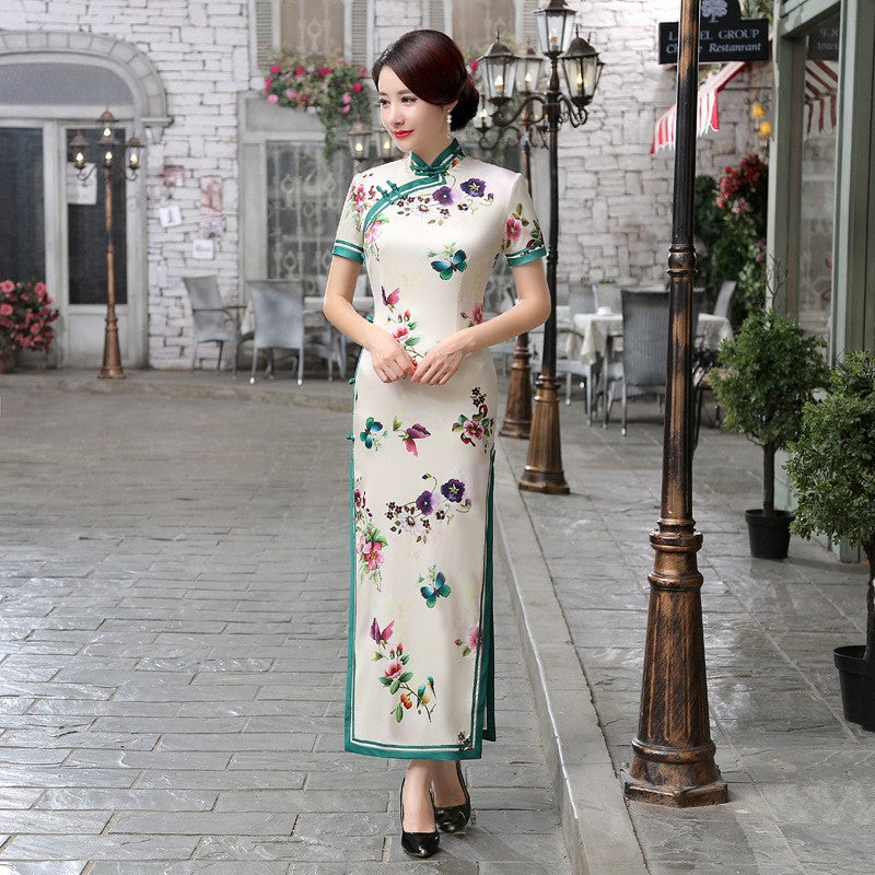 Full Length Floral Silk Blend Cheongsam Chinese Dress with