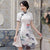 Cheongsam Top Knee Length Ao Dai Dress with Handmade Drawing Pattern