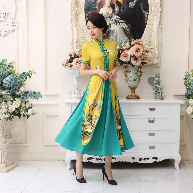 Cheongsam Top Full Length Ao Dai Two-piece Floral Dress – IDREAMMART