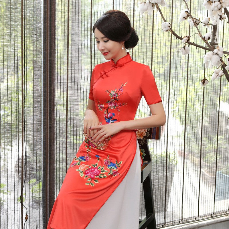 Cheongsam Top Full Length Floral Ao Dai Two-piece Dress