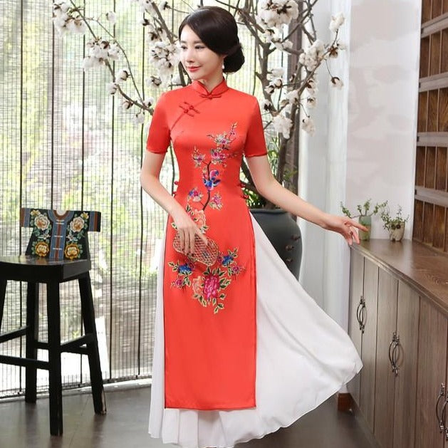 two piece dress for women Cheongsam Top Full Length Floral Ao Dai Two-piece Dress Red / XXL