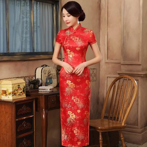 Cap Sleeve Tea Length Floral Brocade Cheongsam Chinese Dress – IDREAMMART