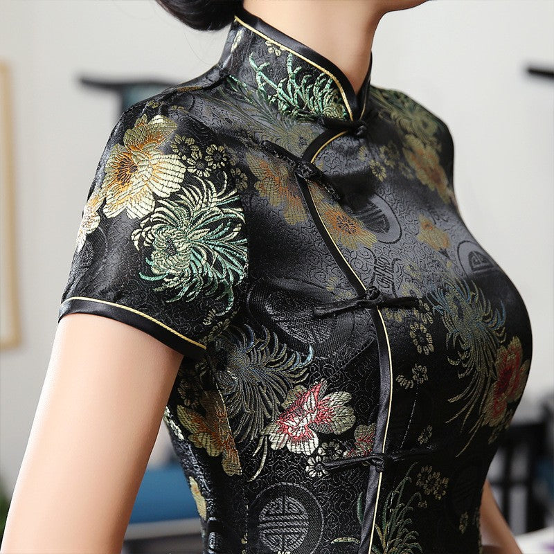 Cap Sleeve Tea Length Floral Brocade Cheongsam Chinese Dress