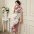 Vestido chino cheongsam de mezcla de seda floral hasta el té