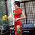 Vestido chino cheongsam de mezcla de seda floral y manga casquillo hasta el té