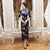 Half Sleeve Tea Length Floral Velvet Cheongsam Chinese Dress