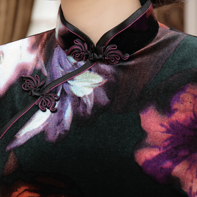 Half Sleeve Tea Length Floral Velvet Cheongsam Chinese Dress