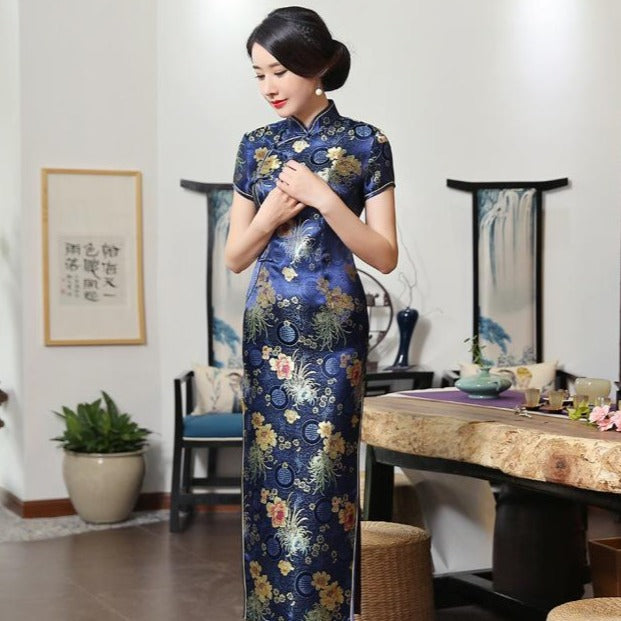 Full Length Floral Brocade Cheongsam Mother Dress