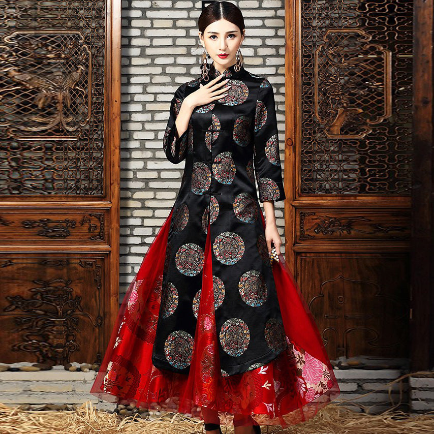 Long Sleeve Mandarin Collar Brocade Chinese Wind Coat Black / XL Long Sleeve Mandarin Collar Brocade Chinese Wind Coat Black / XL