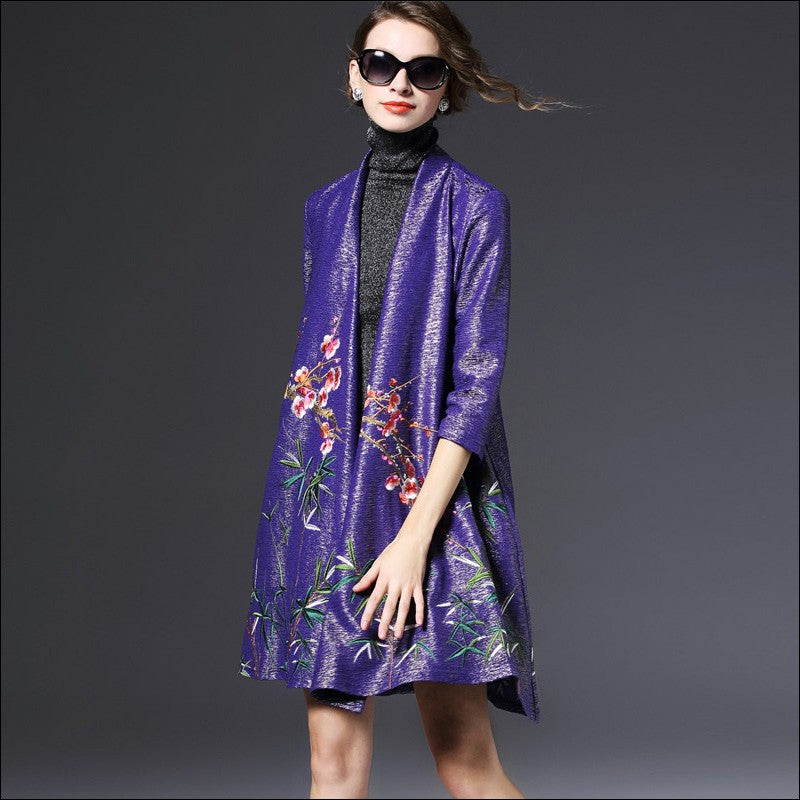 Floral Embroidery Open Front Chinese Style Wind Coat