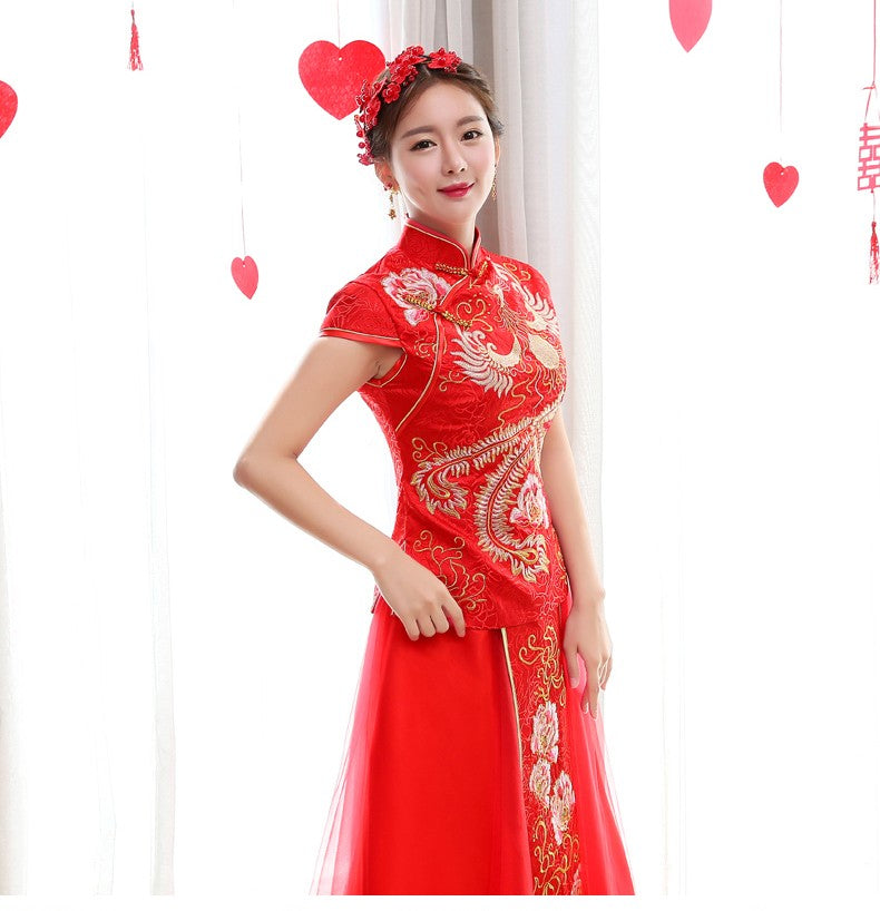 Cap Sleeve Phoenix & Peony Embroidery Traditional Chinese Wedding Dress