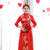 Vestido de novia chino tradicional con bordado de peonía y fénix de manga 3/4