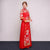 Abito da sposa tradizionale cinese con ricamo drago e fenice a maniche lunghe