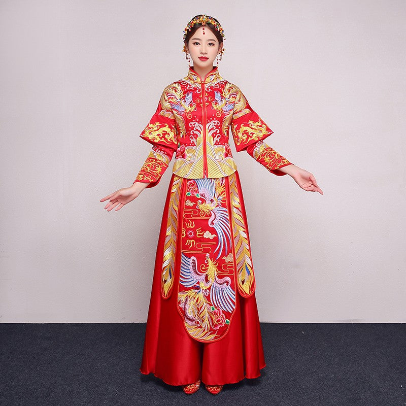 Bell Sleeve Dragon & Phoenix Embroidery Traditional Chinese Wedding Suit