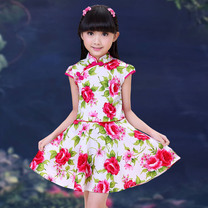 100% Cotton Cheongsam Top Kid's Floral Chinese Dress