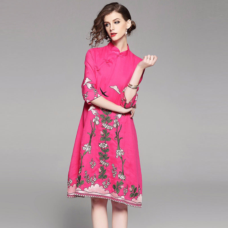 Knee Length Floral Embroidery Signature Cotton Traditional Cheongsam D ...