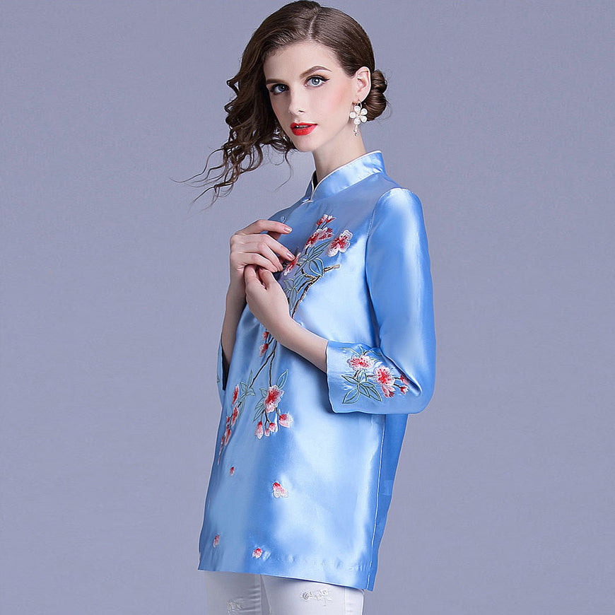 Floral Embroidery 3/4 Sleeve Cheongsam Top Chinese Jacket